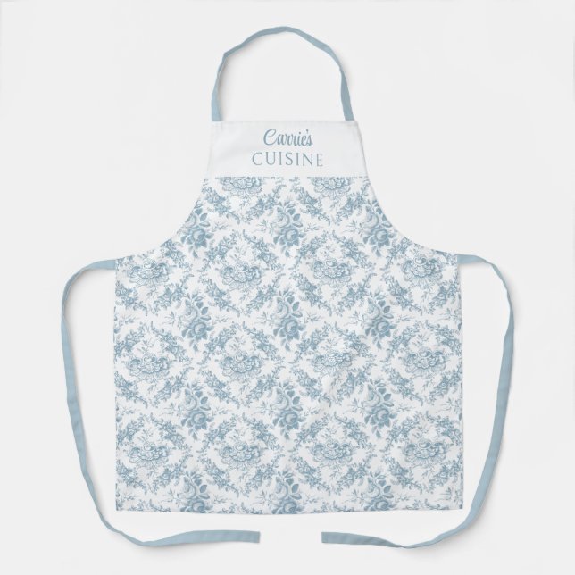 Personalised Blue and White Engraved Floral Apron (Front)