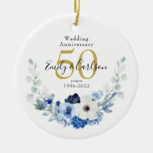 Personalised Blue and White Floral 50 Anniversary Ceramic Ornament