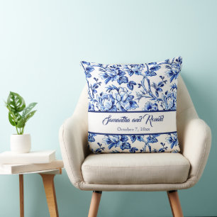 Personalised Blue and White Floral Toile Wedding Cushion