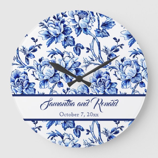 Personalised Blue and White Floral Toile Wedding Large Clock (Front)