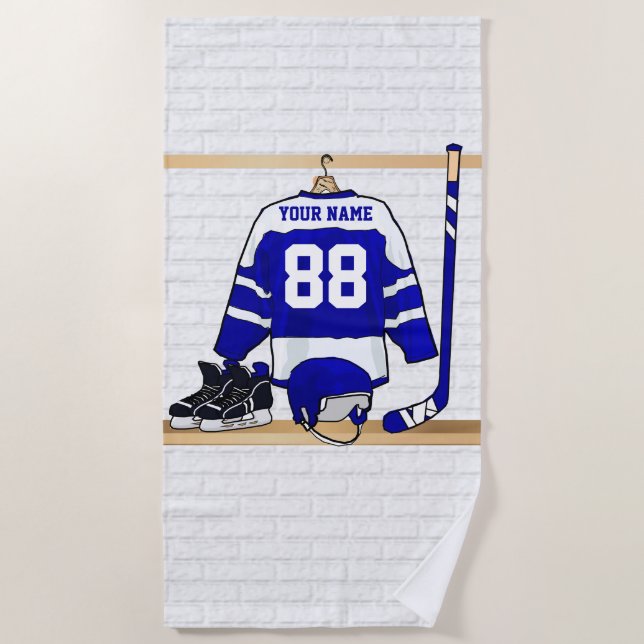 Personalised Blue and White Ice Hockey Jersey Beach Towel (Front)