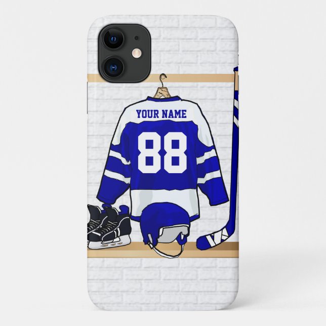 Personalised Blue and White Ice Hockey Jersey Case-Mate iPhone Case (Back)
