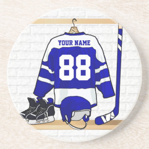 Personalised Blue and White Ice Hockey Jersey Coaster