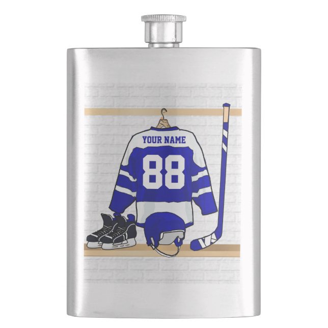 Personalised Blue and White Ice Hockey Jersey Hip Flask (Front)