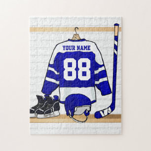 Personalised Blue and White Ice Hockey Jersey Jigsaw Puzzle