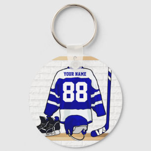 Personalised Blue and White Ice Hockey Jersey Key Ring