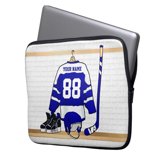 Personalised Blue and White Ice Hockey Jersey Laptop Sleeve (Front Left)