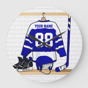Personalised Blue and White Ice Hockey Jersey Large Clock