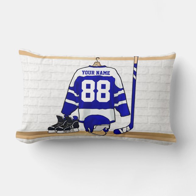 Personalised Blue and White Ice Hockey Jersey Lumbar Cushion (Front)