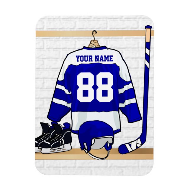 Personalised Blue and White Ice Hockey Jersey Magnet (Vertical)