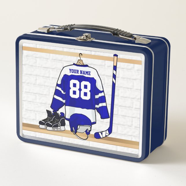 Personalised Blue and White Ice Hockey Jersey Metal Lunch Box (Front)