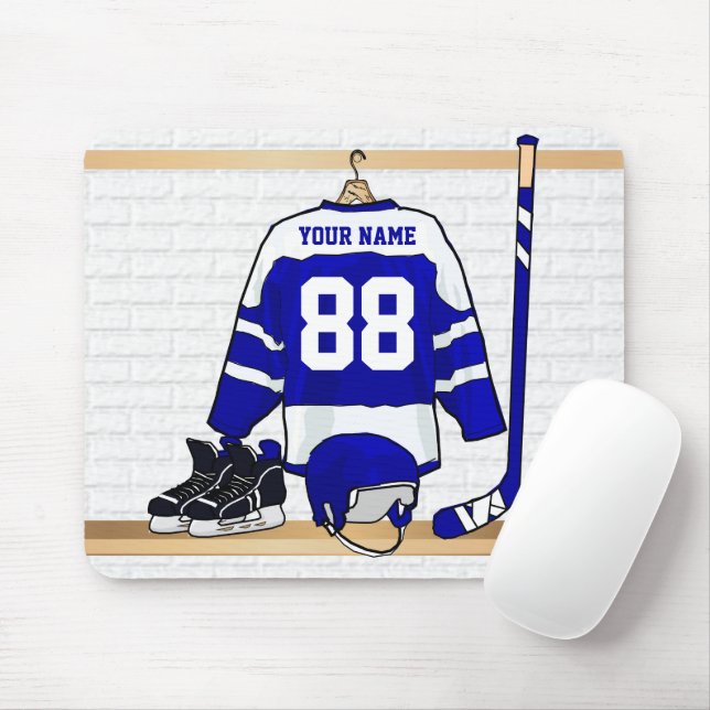 Personalised Blue and White Ice Hockey Jersey Mouse Pad (With Mouse)