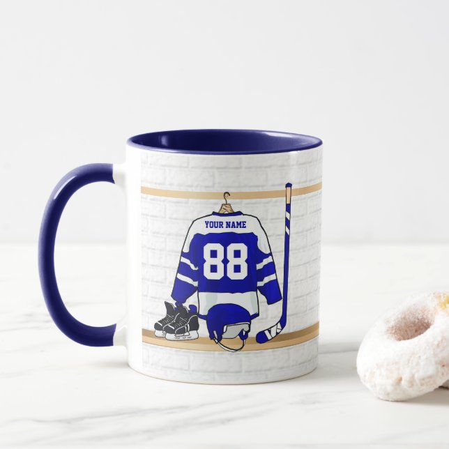 Personalised Blue and White Ice Hockey Jersey Mug (With Donut)