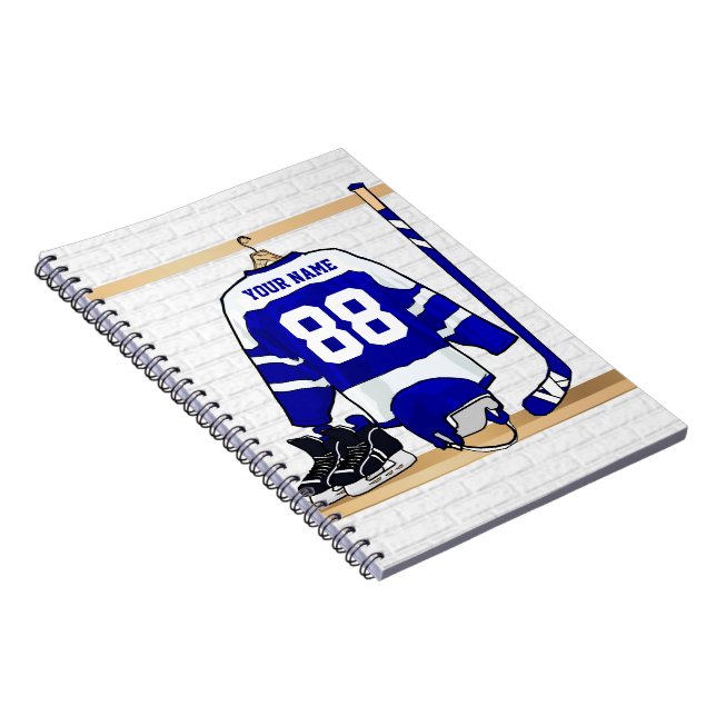 Personalised Blue and White Ice Hockey Jersey Notebook (Right Side)