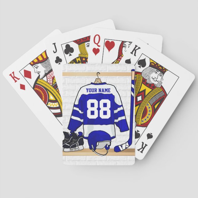 Personalised Blue and White Ice Hockey Jersey Playing Cards (Back)
