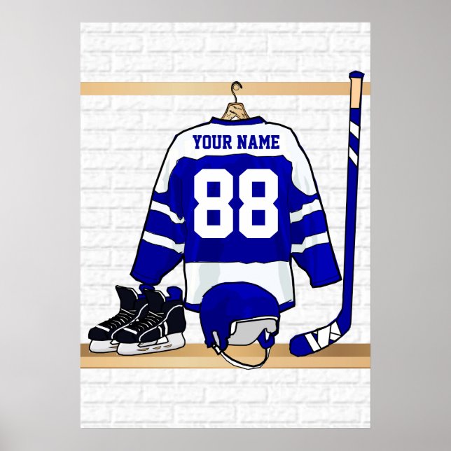 Personalised Blue and White Ice Hockey Jersey Poster (Front)