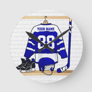 Personalised Blue and White Ice Hockey Jersey Round Clock