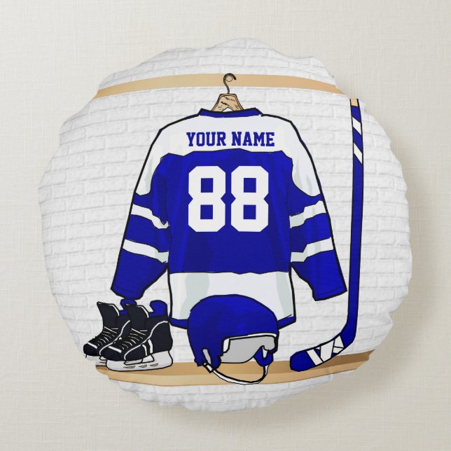 Personalised Blue and White Ice Hockey Jersey Round Cushion (Back)
