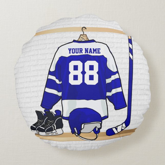 Personalised Blue and White Ice Hockey Jersey Round Cushion (Back)