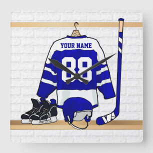 Personalised Blue and White Ice Hockey Jersey Square Wall Clock