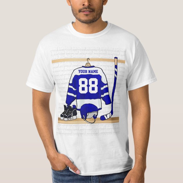 Personalised Blue and White Ice Hockey Jersey T-Shirt (Front)
