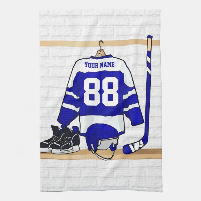 Personalised Blue and White Ice Hockey Jersey Tea Towel (Vertical)