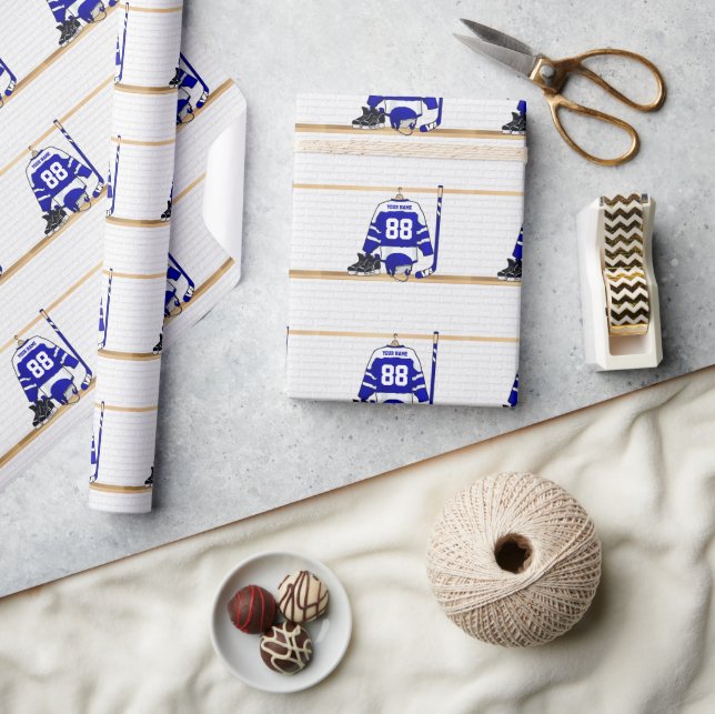 Personalised Blue and White Ice Hockey Jersey Wrapping Paper (Crafts)