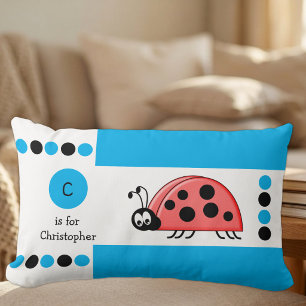 Personalised blue and white ladybird kids monogram lumbar cushion
