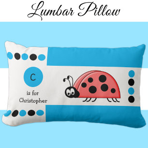Personalised blue and white ladybird kids monogram lumbar cushion
