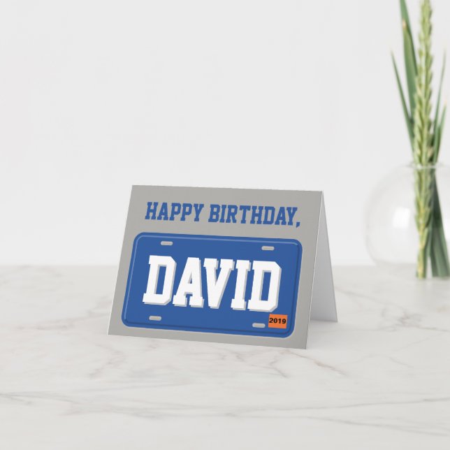 Personalised Blue and White License Plate Birthday Card (Front)