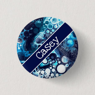 Personalised Blue and White Marble Fluid Art 3 Cm Round Badge