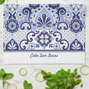 Personalised Blue and White Mexican Talavera Tile  Tea Towel