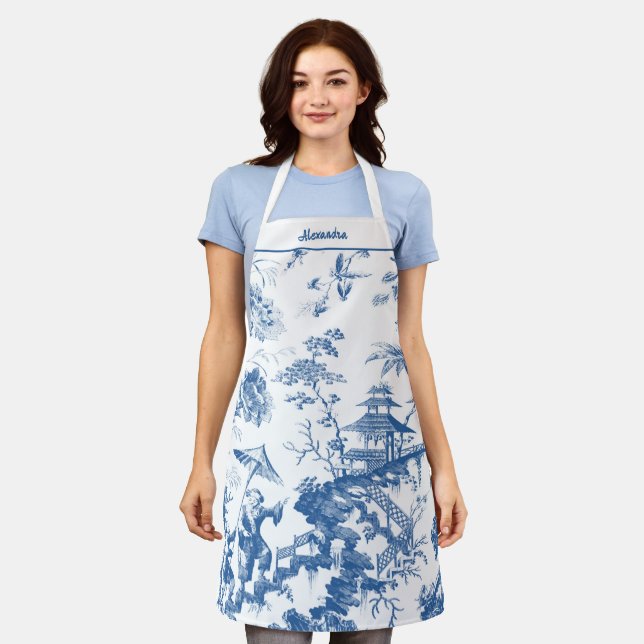 Personalised Blue and White Pagoda Chinoiserie Apron (Worn)