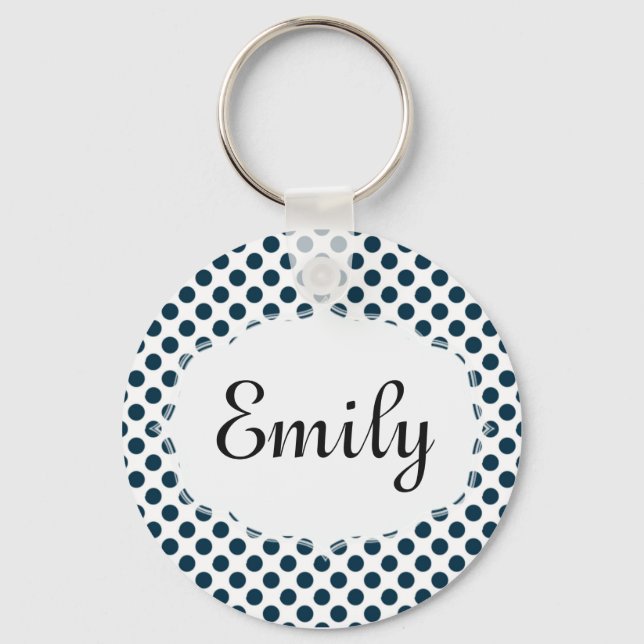 Personalised Blue and White Polka Dot Keychain (Front)