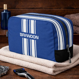 Personalised Blue And White Racing Stripe Travel Dopp Kit