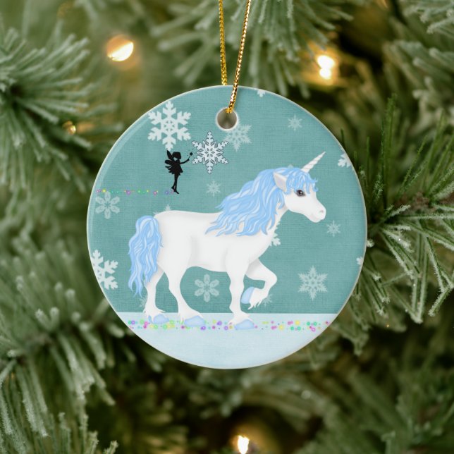 Personalised Blue and White Unicorn and Fairy Ceramic Ornament (Tree)