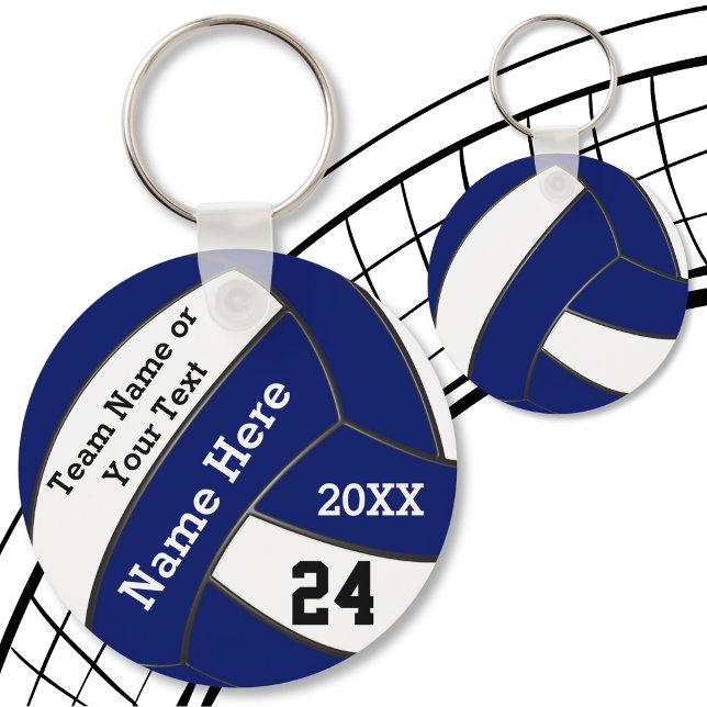 Personalised Blue and White Volleyball Keychains (Volleyball Bag Tags. Volleyball team gifts cheap. Navy Blue, White and Black, Volleyball Giveaways.)