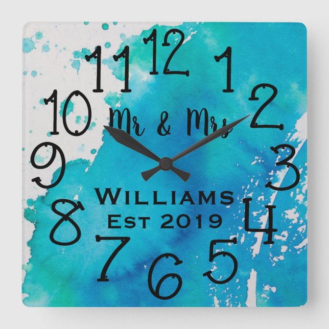 Personalised Blue and White Watercolor Custom Square Wall Clock (Front)