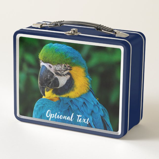 Personalised Blue and Yellow Macaw Parrot Metal Lunch Box (Front)