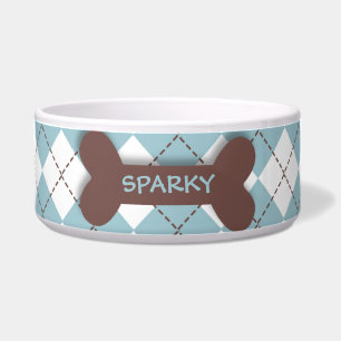 Personalised blue argyle dog bone pet food bowl