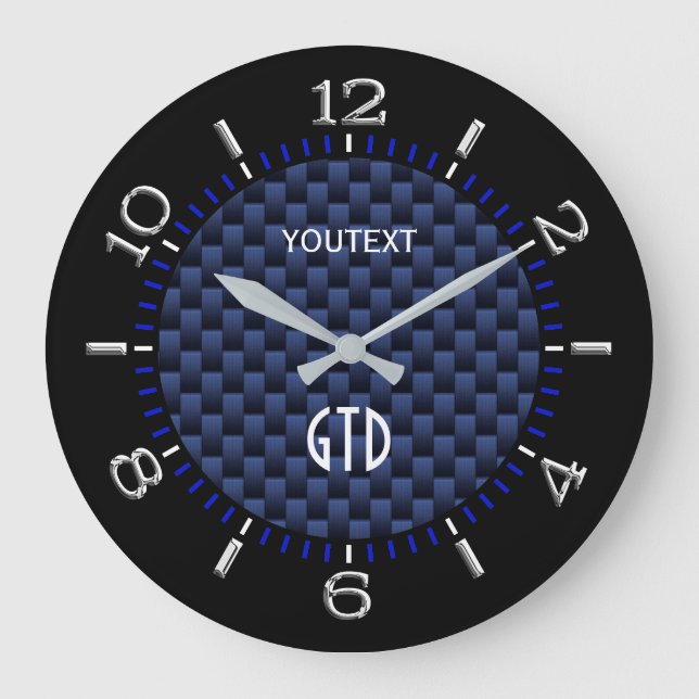Personalised Blue Automotive Carbon Fibre Style Large Clock (Front)