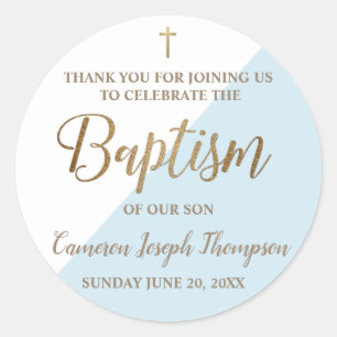 Personalised blue Baby boy baptism thank you Classic Round Sticker