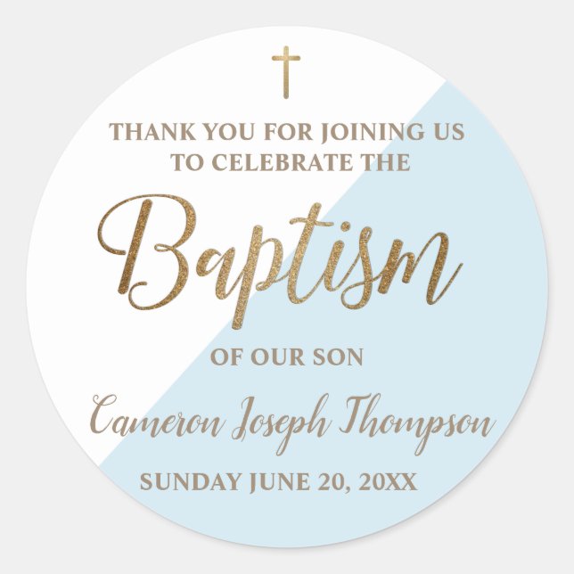 Personalised blue Baby boy baptism thank you Classic Round Sticker (Front)