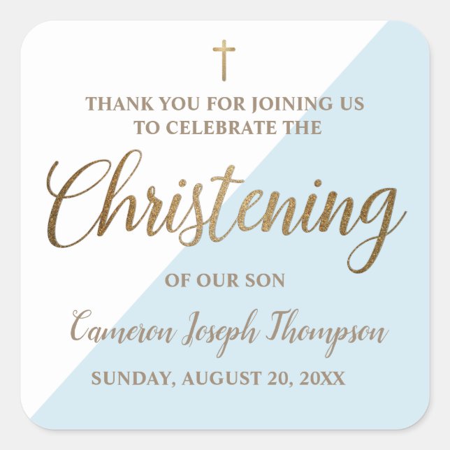 Personalised blue Baby boy Christening thank you Square Sticker (Front)