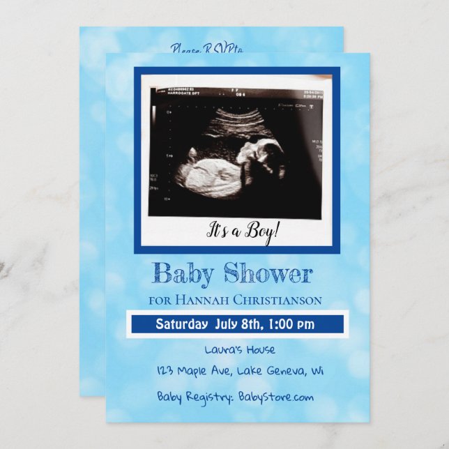 Personalised Blue Baby Boy Ultrasound Baby Shower Invitation (Front/Back)