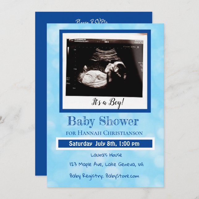 Personalised Blue Baby Boy Ultrasound Baby Shower Invitation (Front/Back)