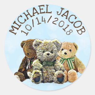 Personalised Blue Baby Teddy Bear Announcement Classic Round Sticker