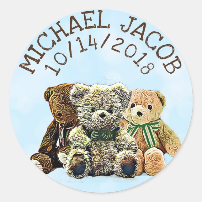 Personalised Blue Baby Teddy Bear Announcement Classic Round Sticker (Front)