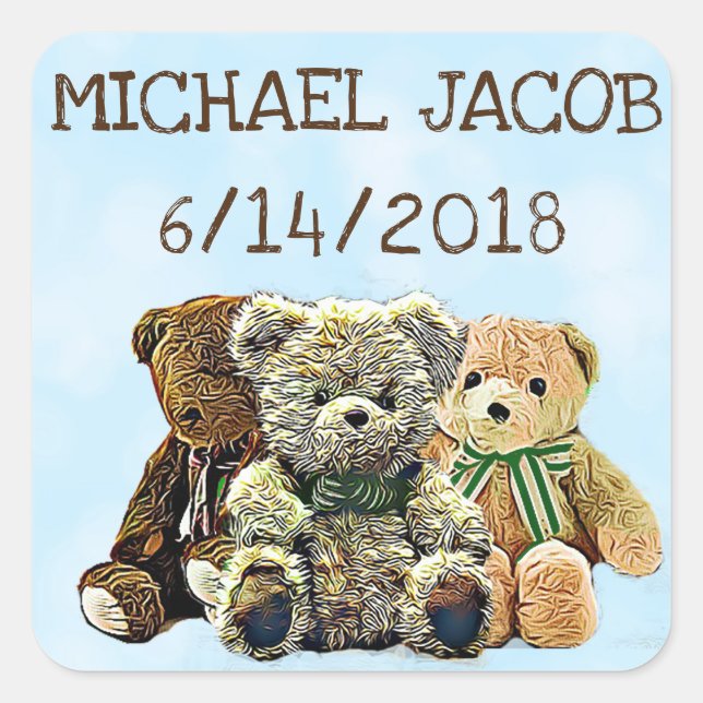 Personalised Blue Baby Teddy Bear Announcement Square Sticker (Front)