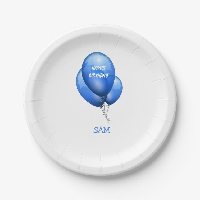 Personalised Blue Balloons Birthday Paper Plate (Front)